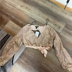 Sequin Wrap Crop Top - Gold